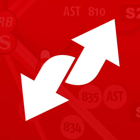 Banner Fahrplanwechsel Banner zum Fahrplanwechsel: Roter Hintergrund mit zwei weißen Pfeilen die in unterschiedliche Richtungen zeigen.