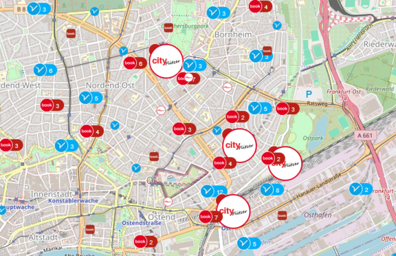 Kartenausschnitt von Frankfurt mit Carsharing-Stationen