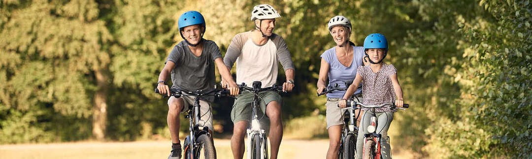 Vier Radler fahren auf einem Feldweg. Links Wiese, rechts und im Hintergrund sind Bäume.