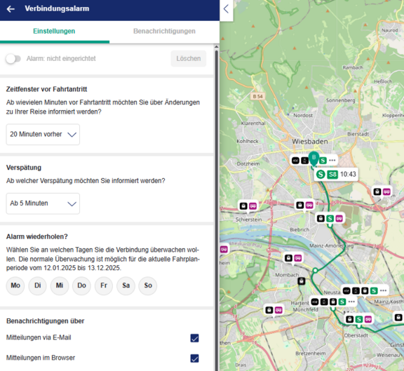 Grafik: Einstellungsfenster von Alarmen in der ÖPNV-Auskunft