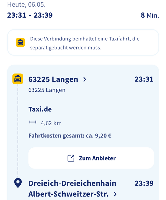 Screenshot von der Taxibuchung in RMVgo