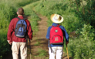 Vergrößerte Ansicht: Zwei Wanderer gehen einen Pfad entlang