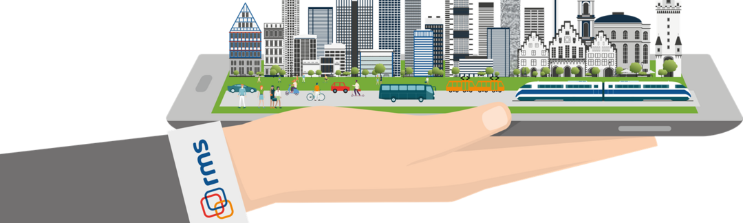 Grafik, Hand hält die Stadt Frankfurt auf einem Tablet