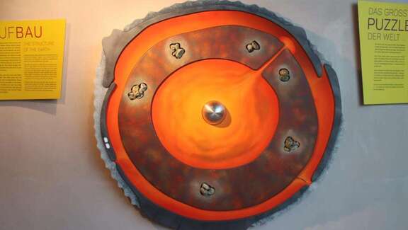 Rundes Objekt an der Wand mit etwa einem Meter Durchmesser. Graue und feuerrote Ringe wechseln sich ab.