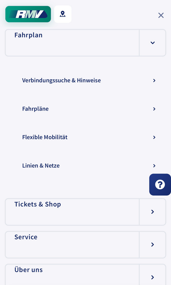 Screenshot mobile Ansicht rmv.de mit Pfeilen nach rechts am rechten Rand für Untermenüpunkte