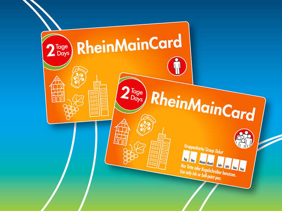 Zwei Karten der RheinMainCard 2021 mit Symbolen für die Rhein-Main-Region und Nahverkehrs-Symbolen
