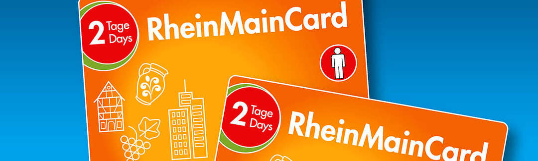 Zwei Karten der RheinMainCard 2021 mit Symbolen für die Rhein-Main-Region und Nahverkehrs-Symbolen