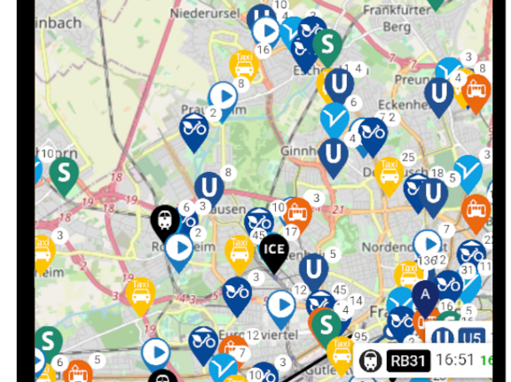 mobile phone with map display. Different signs indicate the different means of transport