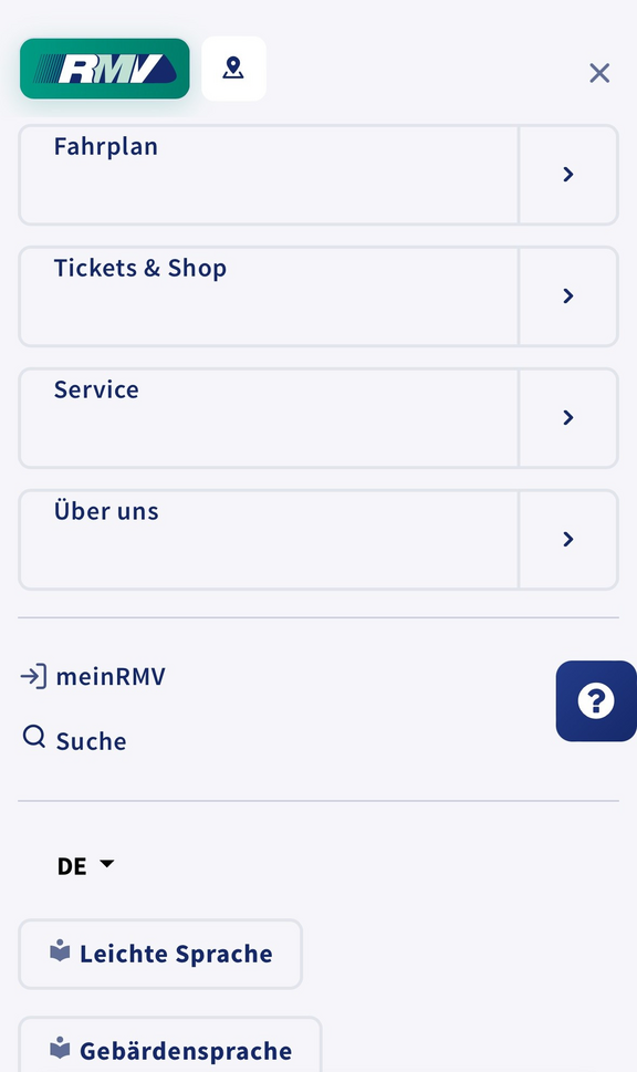 Screenshot Hauptmenü der mobilen Ansicht von rmv.de
