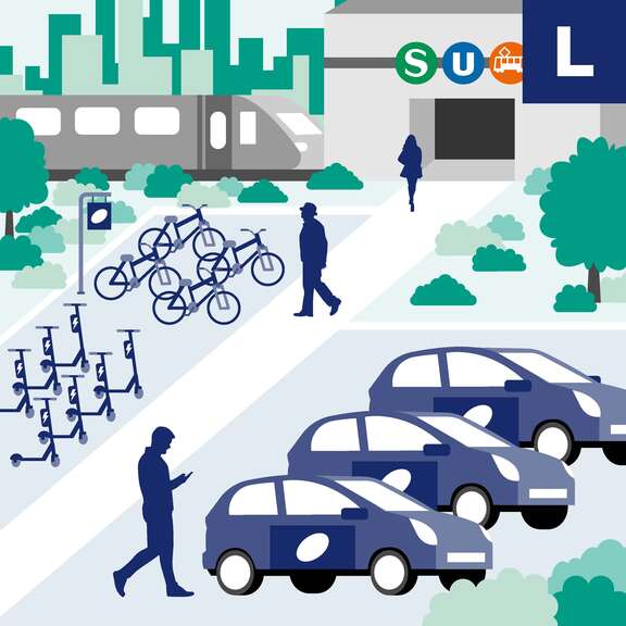 Grafik Mobilitätsstationen mit Piktos von S-Bahn, U-Bahn und Straßenbahn, stilisierte Autos, Fahrräder, Elektro-Roller und Menschen