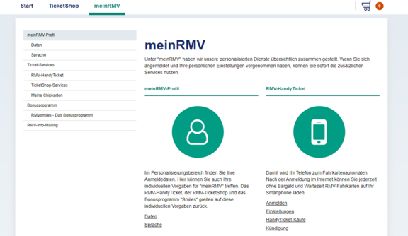 Screenshot der RMV-Seite, Startseite meinRMV