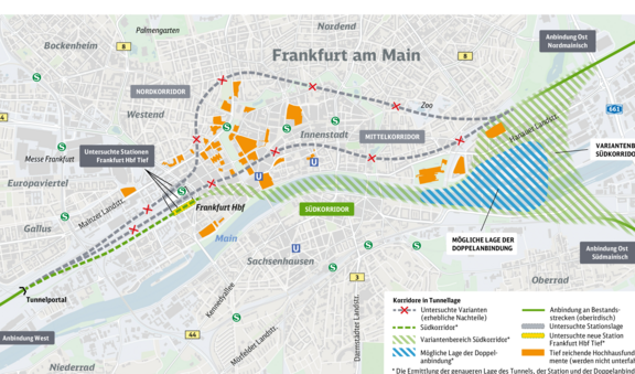 Fernbahntunnel Machbarkeitsstudie Korridore Kartenausschnitt Zentrum Frankfurt mit untersuchten Korridoren für den Fernbahntunnel