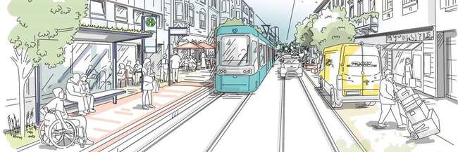 Skizze einer Straße mit Straßenbahn