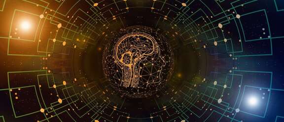 Vernetzte Strukturen vor dunklem Hintergrund, im Zentrum ein Kopf als Grafik dargestellt