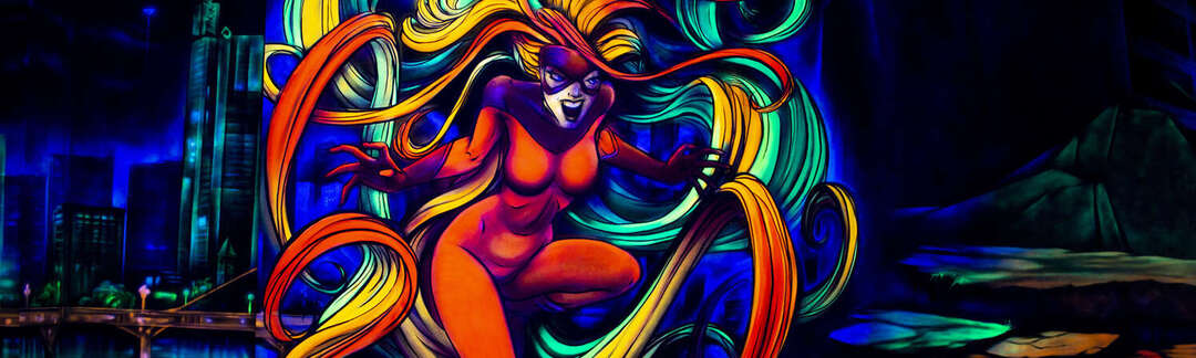Wandmotiv, Comic-Frau mit langen Haaren, leuchtende Neonfarben