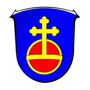 Wappen Bad Soden: Auf blauem Schild ein roter Reichsapfel mit goldenem Tausch, oben bekrönt von einem goldenen Kleeblattkreuz.