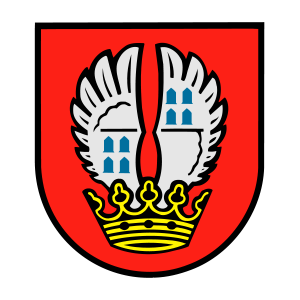 Wappen Eschborn: Roter Schild mit silbernem Adlerflug, der aus einer goldenen Krone wächst; in den Abschnitten 2 und 3 je vier blaue Eisenhüte zu Paaren angeordnet.