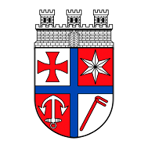 Wappen Hochheim: Gevierter Schild durch blaues Kreuz; 1. Feld (oben links) ein schwebendes rotes Tatzenkreuz, 2. Feld (oben rechts) ein silberner Stern, 3. Feld (unten links) ein gestürzter silberner Anker, 4. Feld (unten rechts) ein schräglinks gestellter roter Karst.