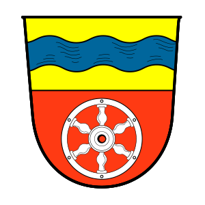 Wappen Kriftel: Schild geteilt: oben ein blauer Wellenbalken auf goldenem Grund, unten ein silbernes Rad auf rotem Grund.