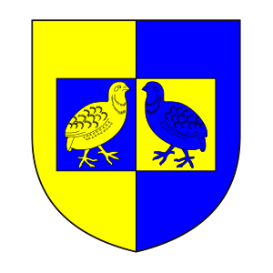 Wappen Liederbach: Schild gespalten in Gold (links) und Blau (rechts), darin ein liegendes gespaltenes Rechteck mit zwei sich zugewandten Wachteln in kontrastierenden Farben.