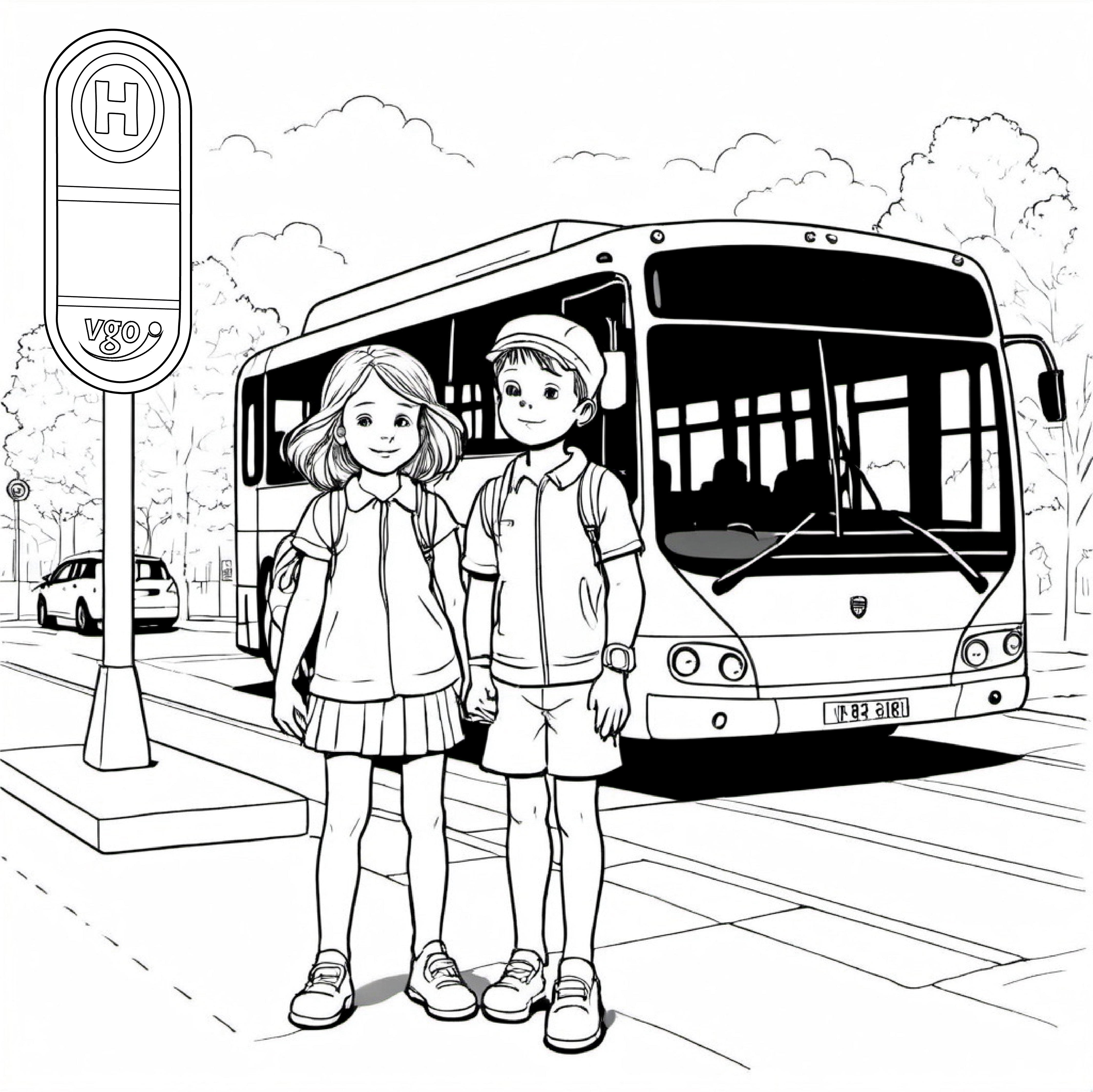 Ausmalbild von Schülern an einer VGO Haltestelle